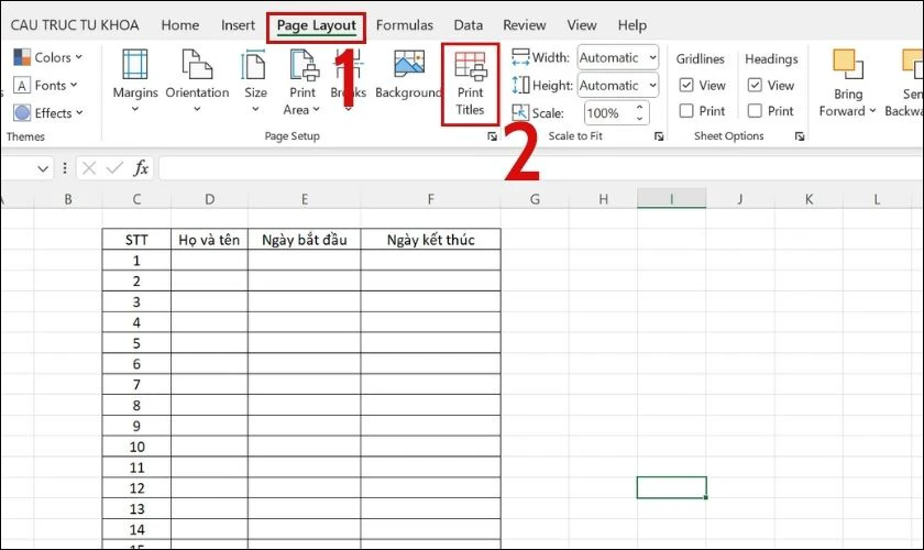 Chọn Page Layout để tùy chọn tiêu đề bảng