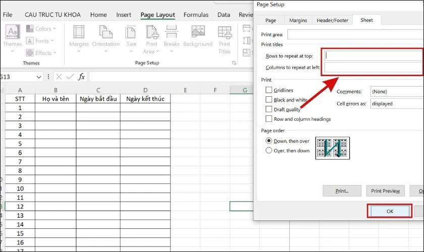 Nhấn ok để hoàn tất bỏ lặp tiêu đề bảng trong Excel