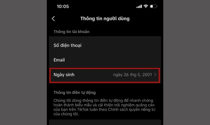 Nhấn vào mục Ngày sinh