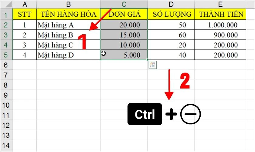 C&aacute;ch x&oacute;a cột trong Excel 2007, 2013 bằng ph&iacute;m tắt 