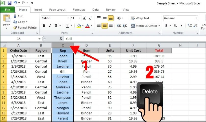 X&oacute;a column bằng ph&iacute;m Delete 