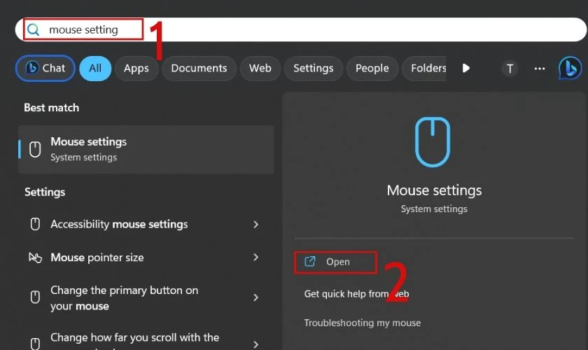 T&igrave;m kiếm Mouse setting tr&ecirc;n thanh t&igrave;m kiếm 