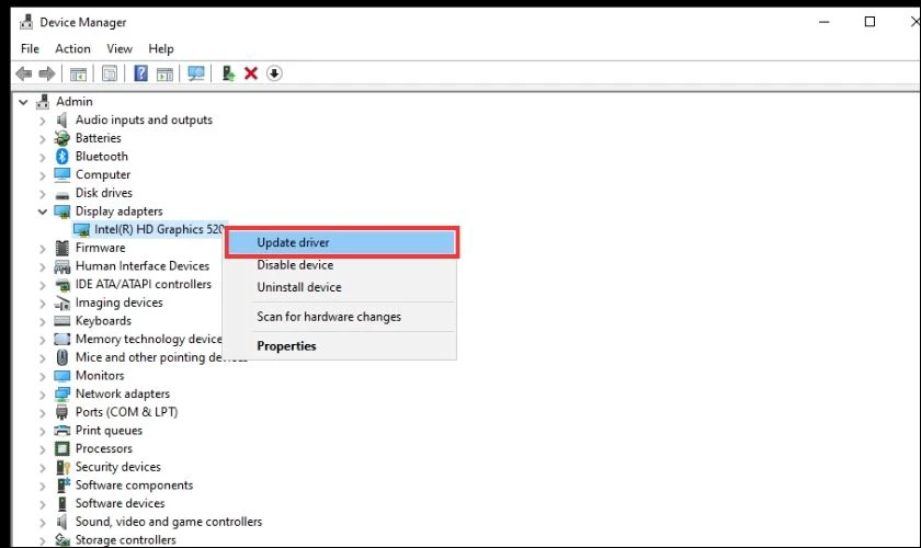 Click chuột phải v&agrave;o card đồ họa v&agrave; chọn Update driver