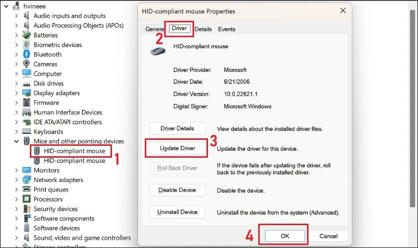Di chuyển sang tab Driver và nhấn phím Tab lần nữa để lướt xuống lệnh Update driver