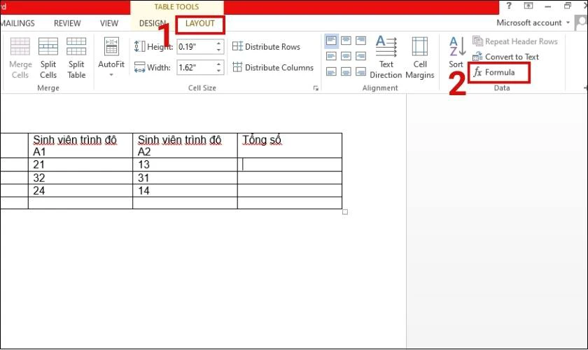 Chọn v&agrave;o Formula để t&iacute;nh tổng 