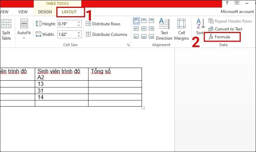 Chọn v&agrave;o mục Formula để nhập c&ocirc;ng thức t&iacute;nh tổng 
