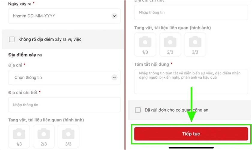 Điền đầy đủ th&ocirc;ng tin tố gi&aacute;c trước khi gửi y&ecirc;u cầu về ANTT