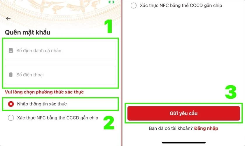 Nhập th&ocirc;ng tin số CCCD v&agrave; số điện thoại tr&ecirc;n app VNeID