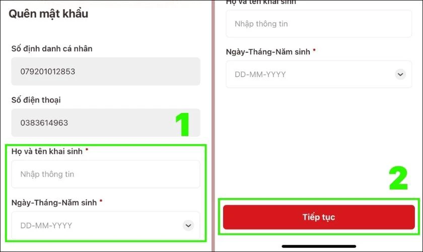 Điền đầy đủ th&ocirc;ng tin về họ t&ecirc;n, ng&agrave;y th&aacute;ng năm sinh