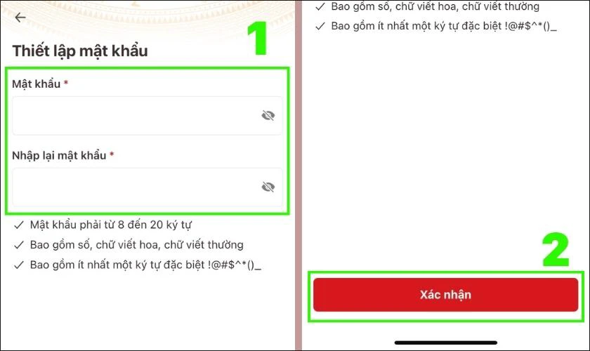 Thiết lập lại mật khẩu cho t&agrave;i khoản VNeID tr&ecirc;n điện thoại