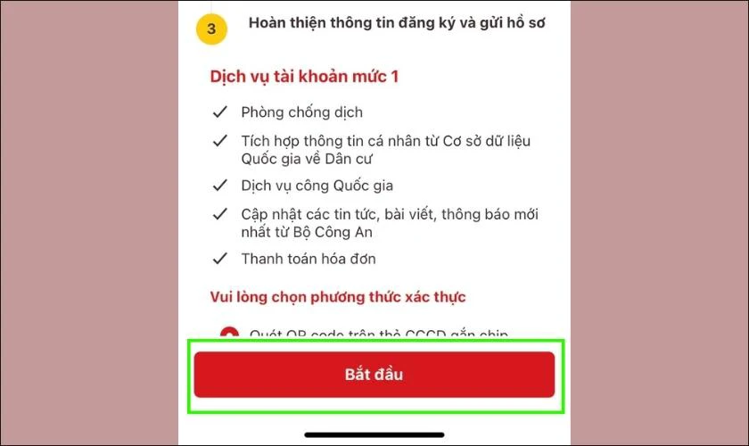 Nhấn n&uacute;t bắt đầu tại dịch vụ t&agrave;i khoản mức 1