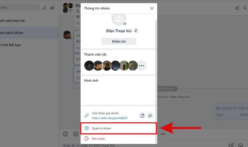 Chọn v&agrave;o Quản l&yacute; nh&oacute;m 