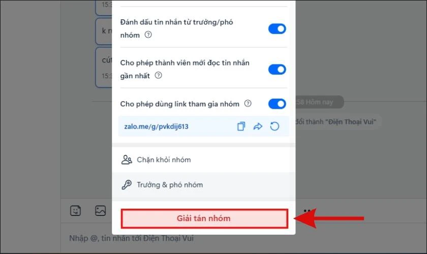 Nhấn v&agrave;o Giải t&aacute;n nh&oacute;m để x&oacute;a nh&oacute;m chat Zalo tr&ecirc;n m&aacute;y t&iacute;nh