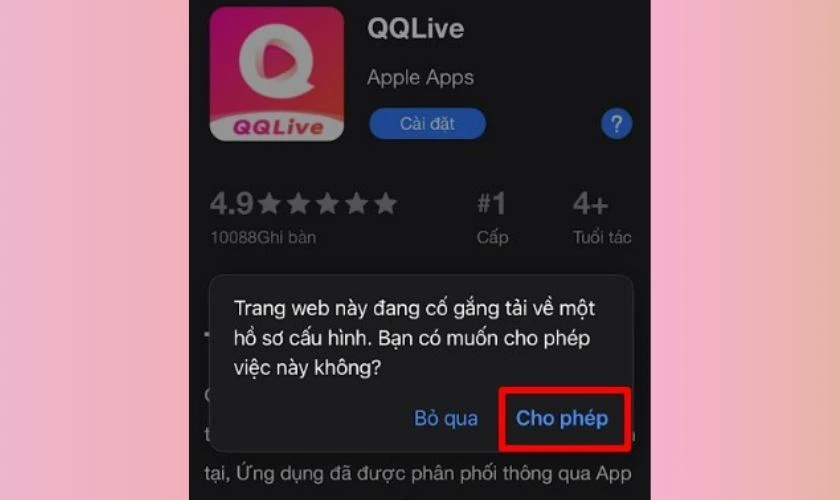 Nhấn Cho ph&eacute;p tải hồ sơ cấu h&igrave;nh của app